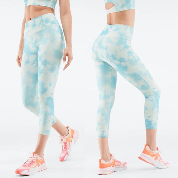 Fabletics Define PowerHold Sky Blue Tie Dye High Waist Capri Workout Leggings - Picture 1 of 8